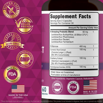 Terrene Products Women's Probiotic Capsules - Urinary Tract & Vaginal Health Support, 6 Billion CFU, 4 Lactobacillus Strains, D-Mannose, Cranberry Extract, Turmeric, XOS Prebiotic, 60 Capsules